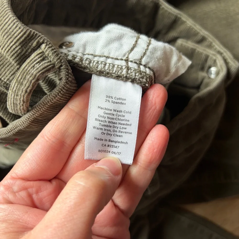 Talbots Size 14 Slim Ankle Corduroy Pants with Fray Edge / Army Olive Green